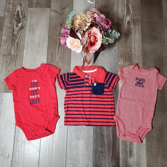 Carter's 3 Piece Baby Boy 6m Top Bundle 100% Cotton Red Blue NWOT - Picture 1 of 15